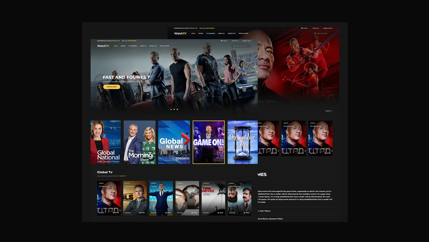 Watch TV and Movies Website Design – UI/UX Development with WordPress & Photoshop